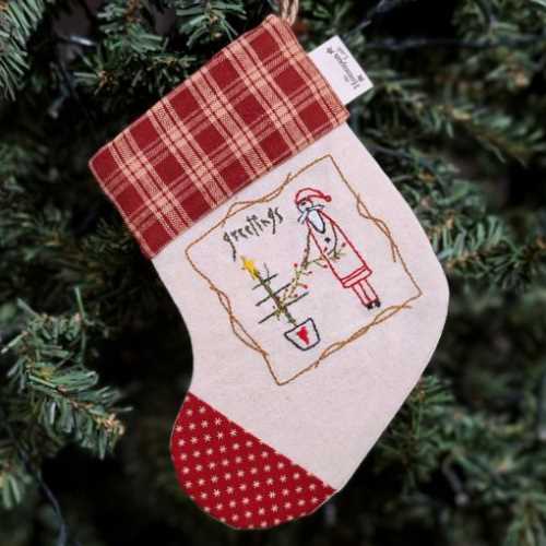 Prim Embroidered Homespun Christmas Stocking 2 - The Homespun Loft