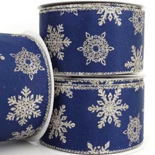 Navy Silver Sparkle Snowflakes Wired Ribbon - The Homespun Loft