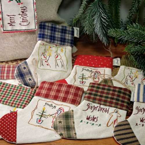 Prim Embroidered Homespun Christmas Stocking 7 - The Homespun Loft