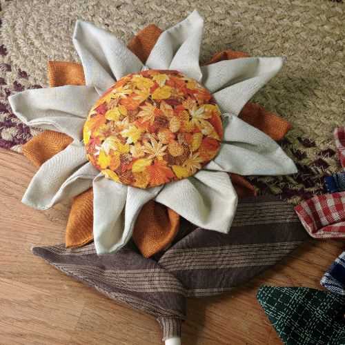 14" Orange Tan Homespun Primitive Fabric Sunflower - The Homespun Loft