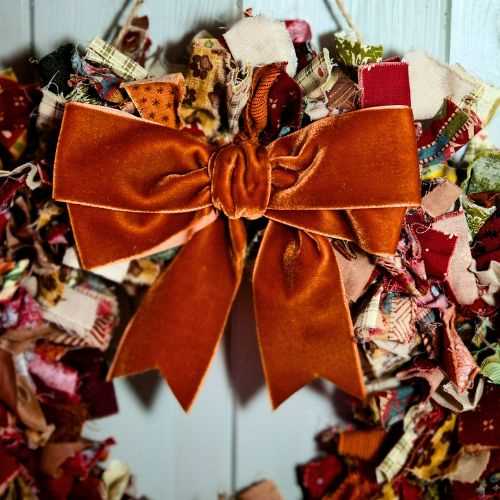 12" Autumn Cotton Raggy Door Wreath Velvet Bow - The Homespun Loft