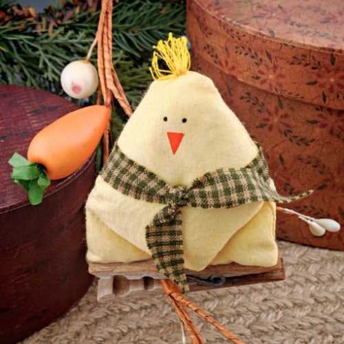 Easter Decoration Chick on a Peg with Green Scarf - The Homespun Loft