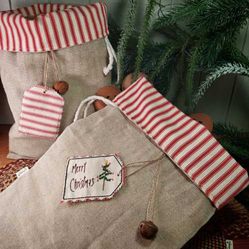 16" Christmas Drawstring Sack with Primitive Label - The Homespun Loft