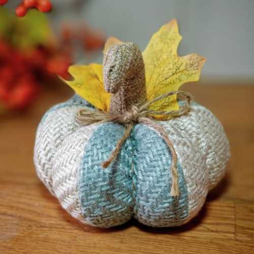 5" Duck Egg Blue and Cream Fabric Pumpkin Autumn - The Homespun Loft