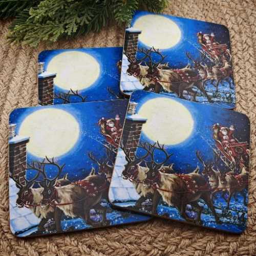 Set of 4 Father Christmas and Sleigh Coasters - The Homespun Loft