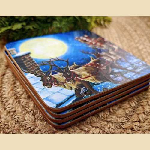 Set of 4 Father Christmas and Sleigh Coasters - The Homespun Loft