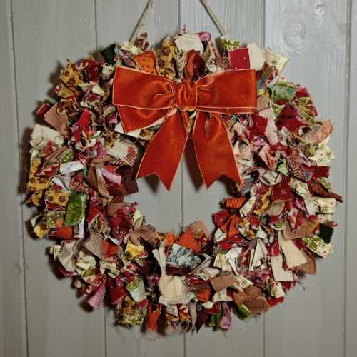 12" Autumn Cotton Raggy Door Wreath Velvet Bow - The Homespun Loft