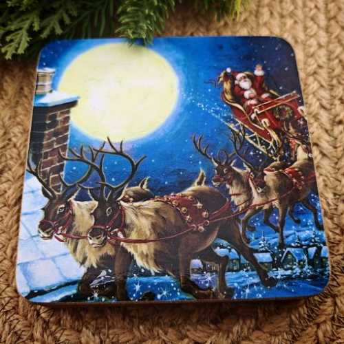 Set of 4 Father Christmas and Sleigh Coasters - The Homespun Loft