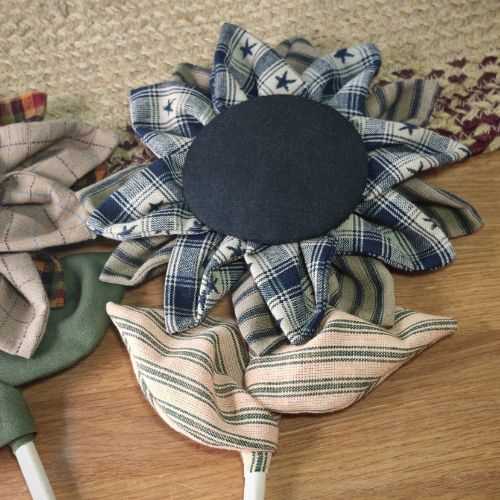 14" Blue Homespun Star Primitive Fabric Sunflower - The Homespun Loft